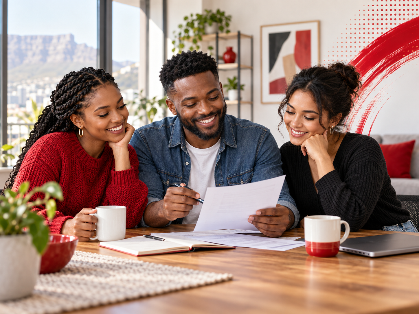 Three people reviewing their finances together at a table