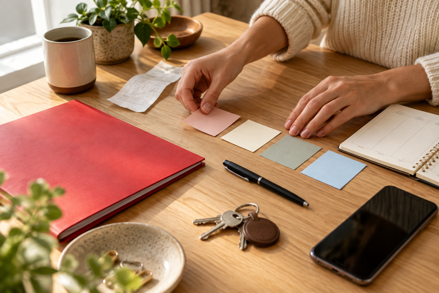 A red folder and notes arranged for a practical next step