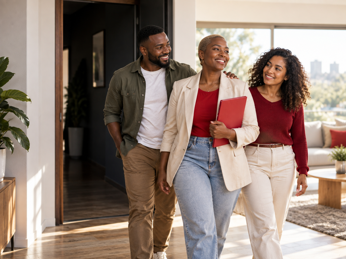 Three people moving from a darker space into a bright home with a red folder